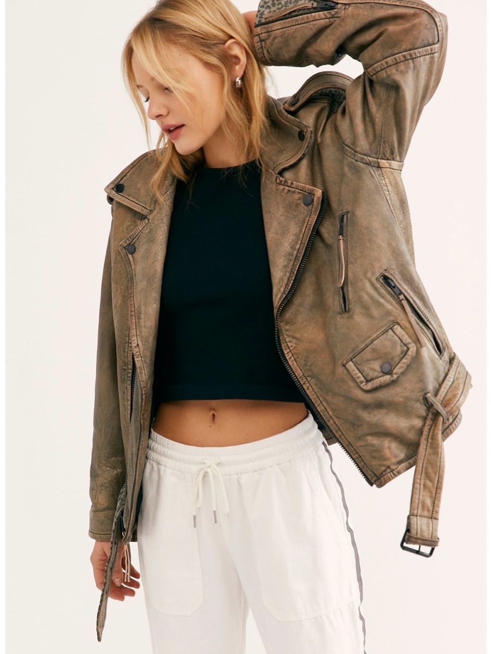 Free People Washed Brown Leather Moto Jacket